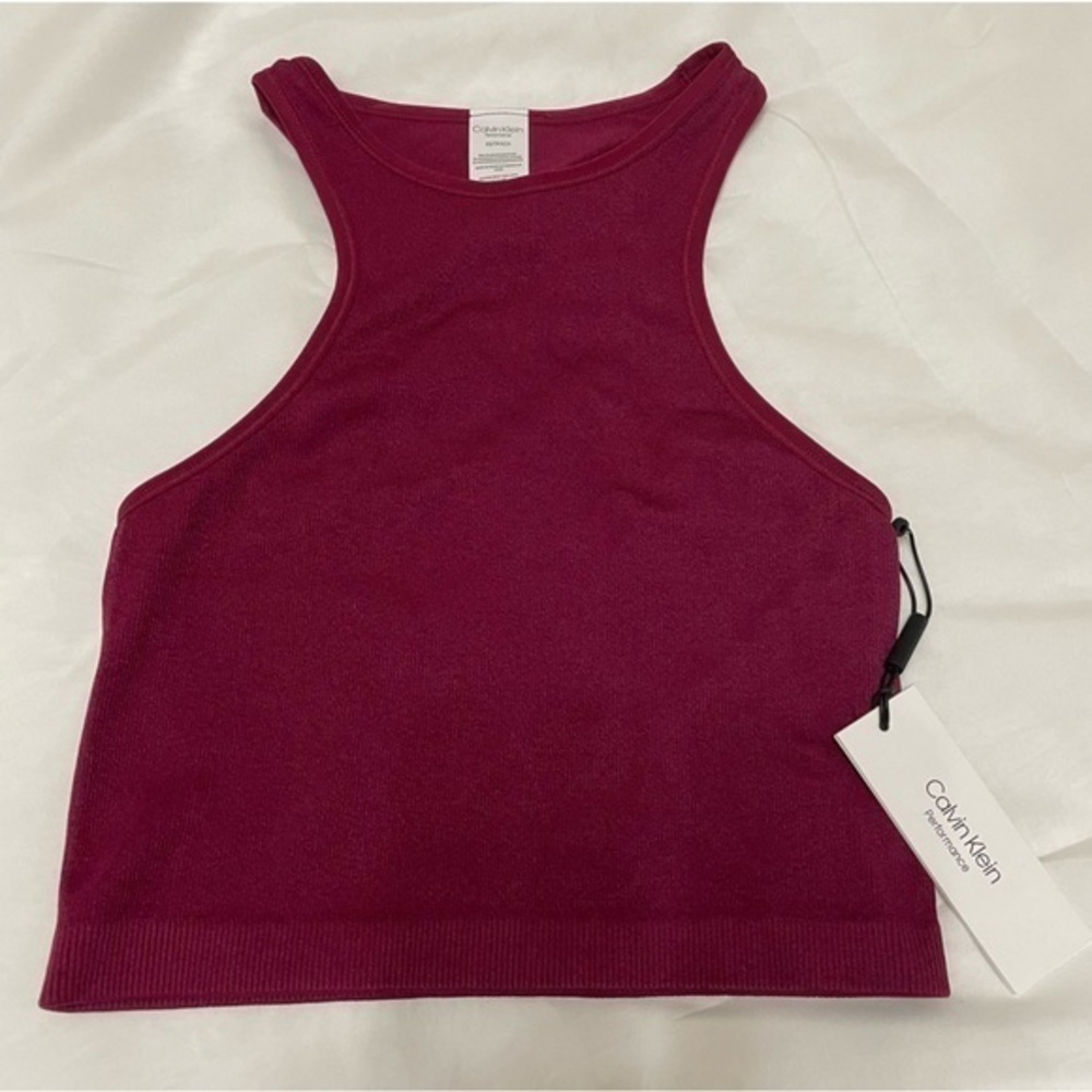 NWT Calvin Klein Burgundy Finely Ribbed T-Back Moisture Wicking Sports Bra, XS